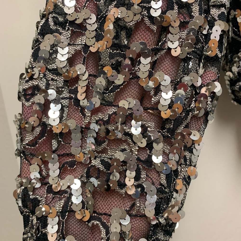Vtg 80s Black Blouse w/Metallic Silver Sequins, Sz M - Picture 5 of 7